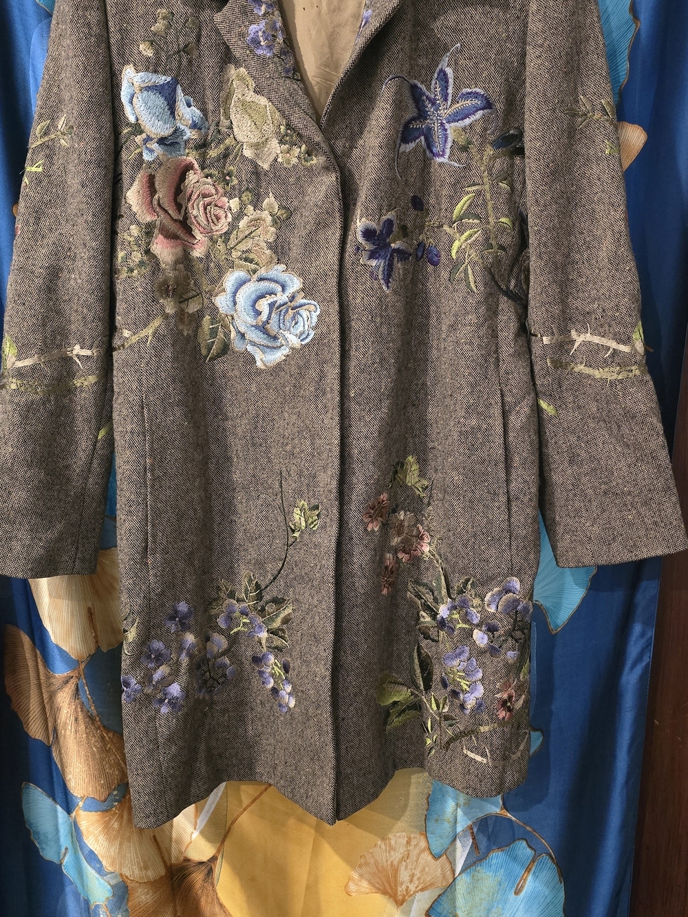 Embroidered Floral Gray Trench Coat